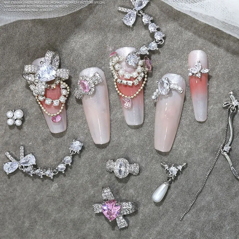 High Quality Silver 3D Manicure Jewelry Bowknot Nail Charms Crystal Nail Rhinestones Fashion Alloy Nail Art Decoration Decorate