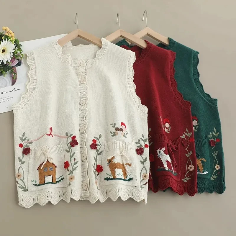 Вязаный жилет с вышивкой Mori для девочек, женский осенне-зимний однобортный свитер без рукавов, винтажный милый жилет, кардиган