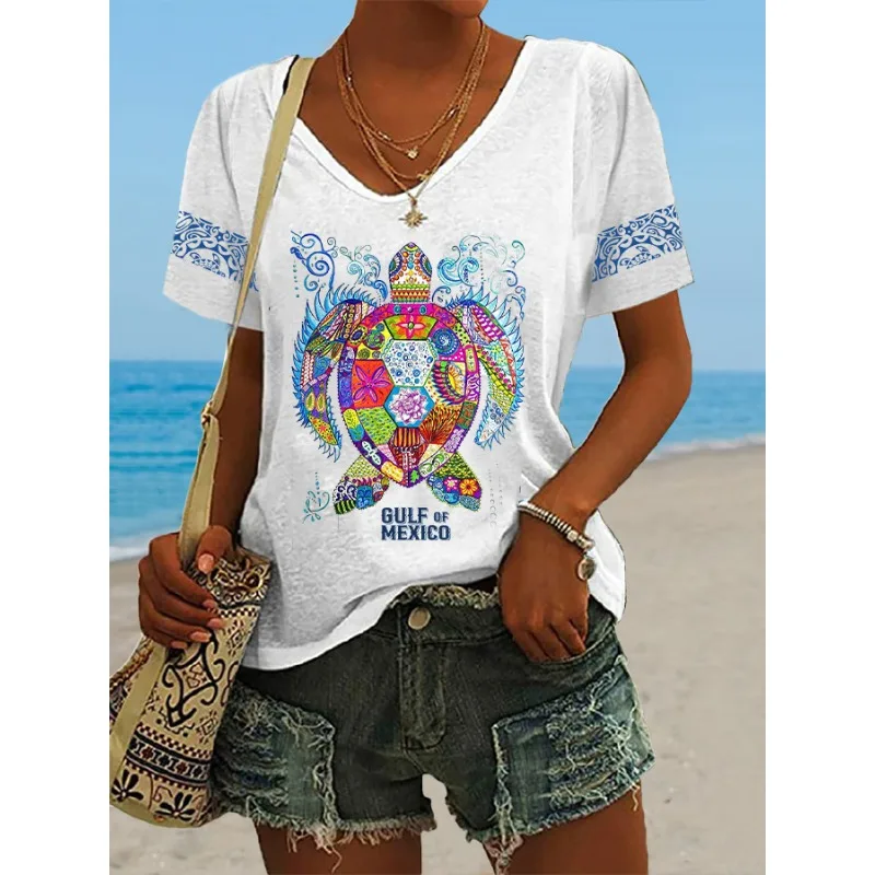 Women's Casual V-Neck Short Sleeve T-Shirt Gulf of Mexico Print Summer Top