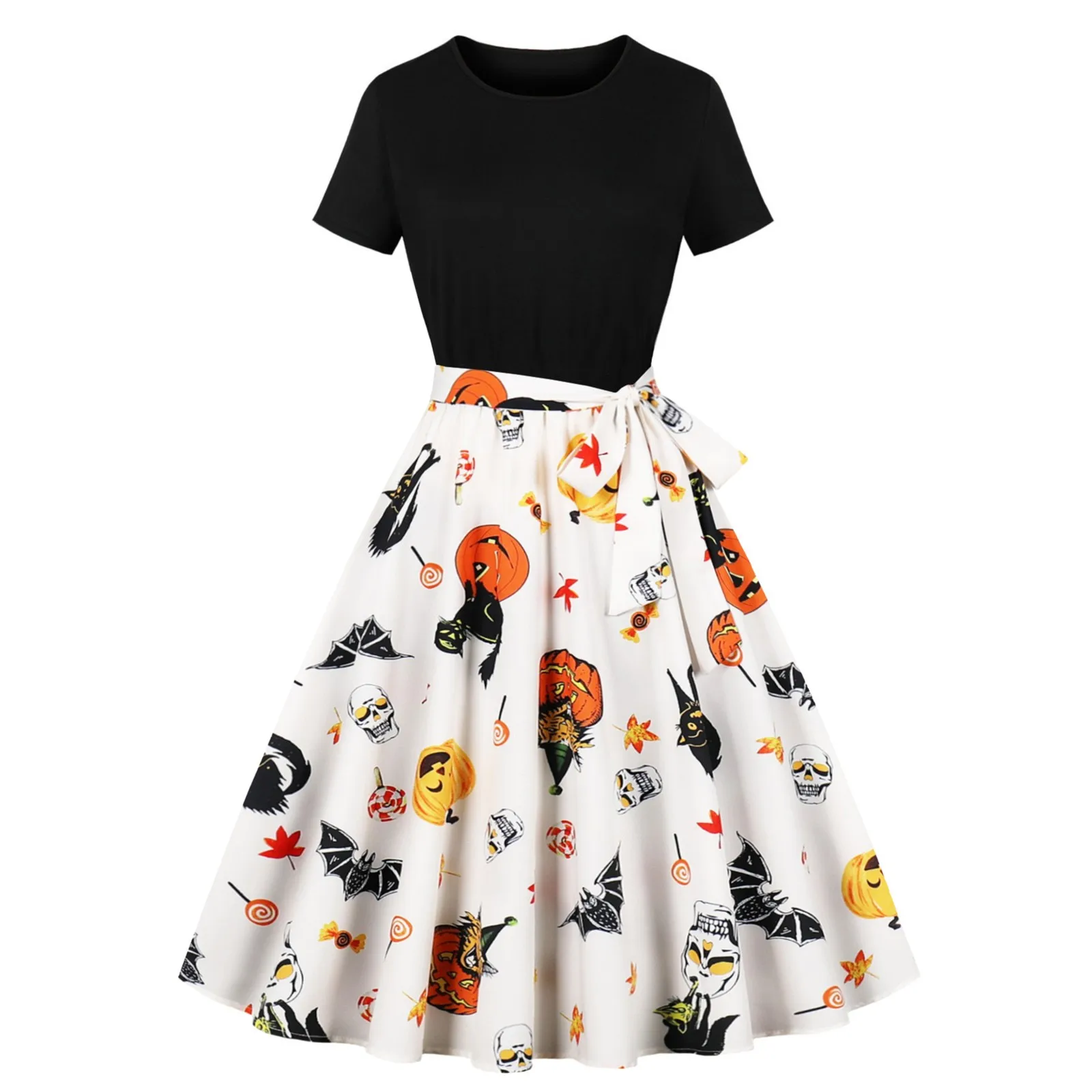 

Women'S Halloween Dress Vintage Black Patchwork Loose Swing Dress Crew Neck Short Sleeve High Waist Butterfly Lace-Up Dress