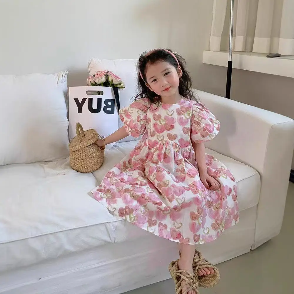 

Sweet and Lovely Pink Girl Bubble Sleeve Full Print Love Princess Dress Summer New Children's Casual Clothes Birthday Party 2-7Y