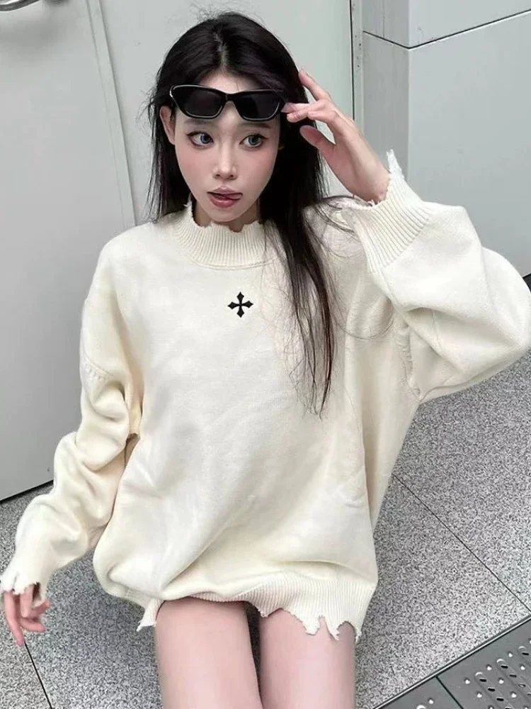 Harajuku Grunge Cross Sweaters Women Vintage Kpop Ripped Hole Knitted Jumper Oversized Casual Pullover Y2K Streetwear