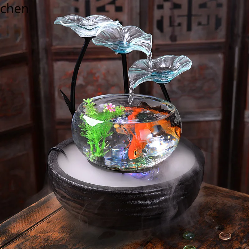YFY Desktop Waterfall Fish Tank Bonsai Humidifier Ornament for Home Living Room Decoration,  New Home Housewarming Gift