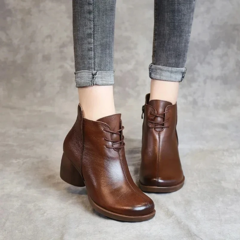 

Осень-зима 2024, новые винтажные кожаные удобные женские ботинки на толстом каблуке, ботинки на высоком каблуке, кожаные короткие ботинки