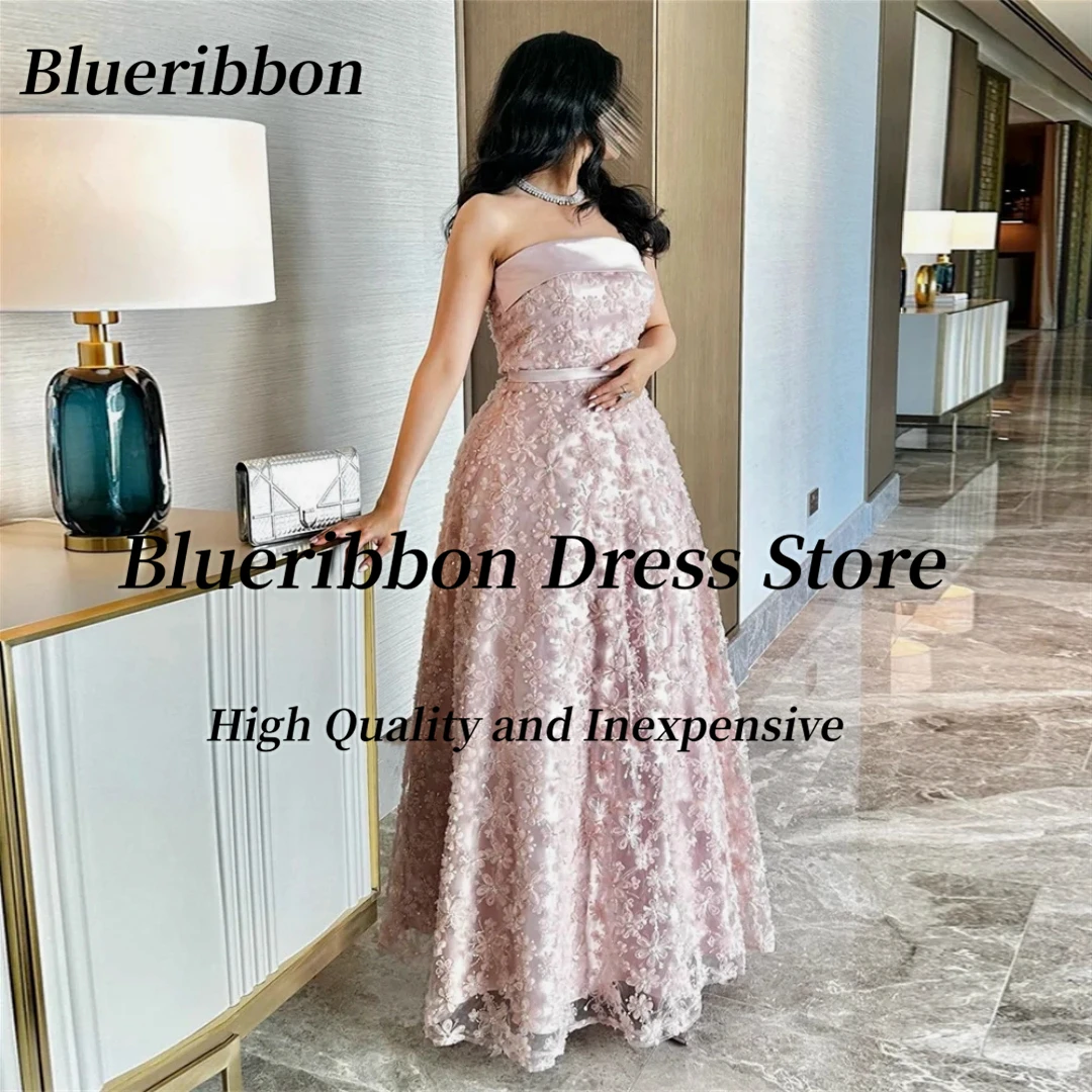 Blueribbon Handmade Beaded Flowers Luxury Prom Dresses Strapless Sexy Back فستان حفلات الزفاف A Line Birthday Party Bride Gowns