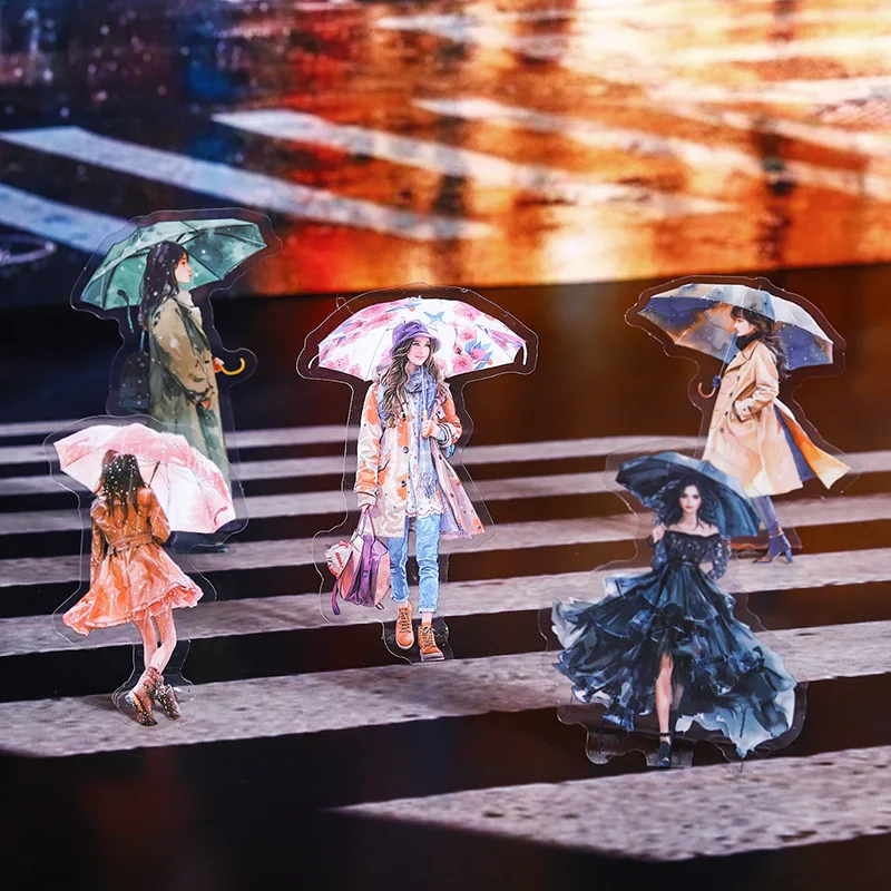 15 PCS/Pack Walking In The Rain Series Sticker Pack, Figures Holding Umbrellas for Journal Scene Layout & Decorative Collage