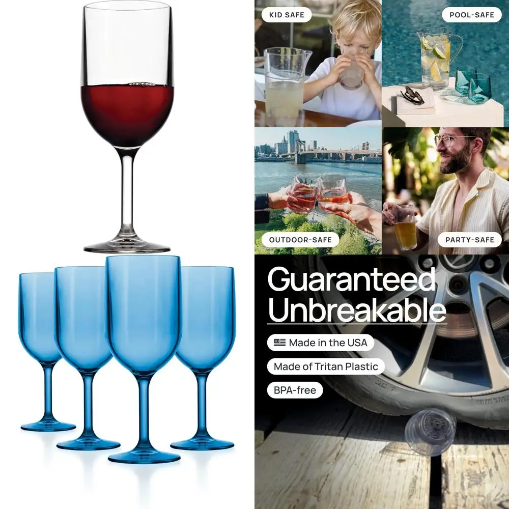 

Set of 4 Unbreakable Stemmed 12oz Wine Glasses - Shatterproof Reusable Tritan Glasses for Red or White Wine, Clear