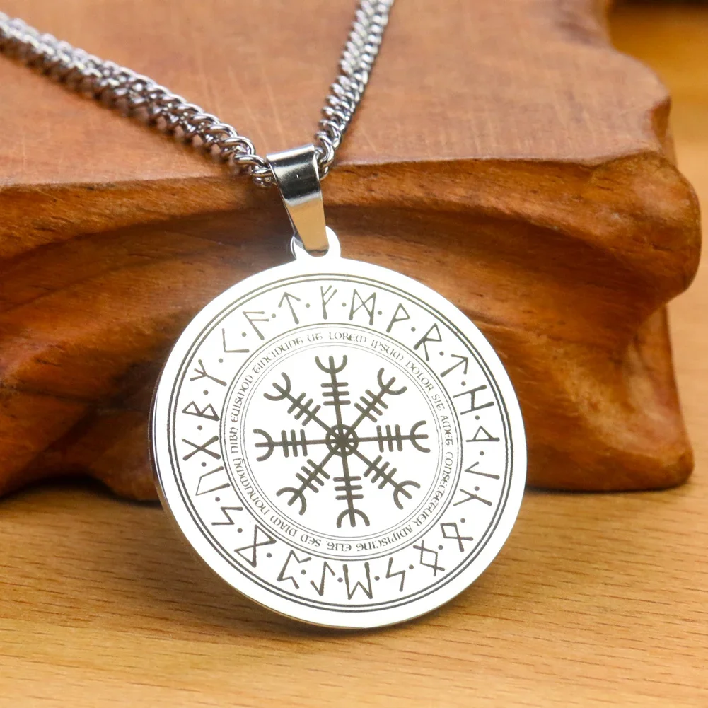 Nordic Style Viking Laser Carving Rune Norway Divination Compass Magic Circle Necklace Stainless Steel Round Amulet Pendant