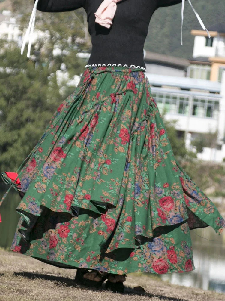 Cotton Linen Women Medieval Skirt Women Print Dubai Turkey Retro Eid Lace-up Skirt Muslim Maxi Long Skirt Spring Summer 2022