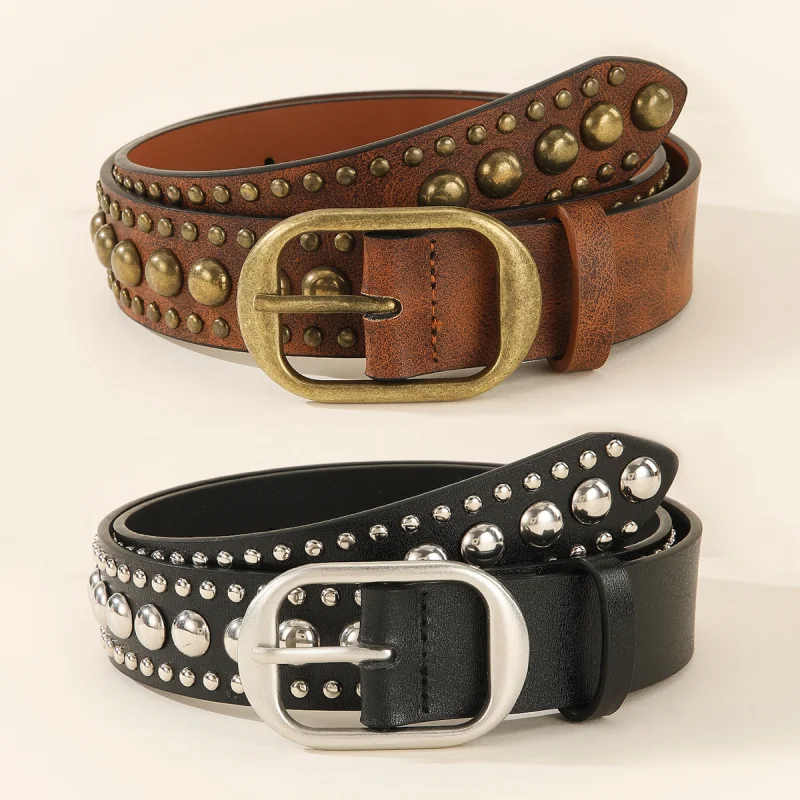 

Western Round Rivet PU Leather Women Belt Fashion Punk Pin Buckle Jeans Causal Pant Belt for Ladies