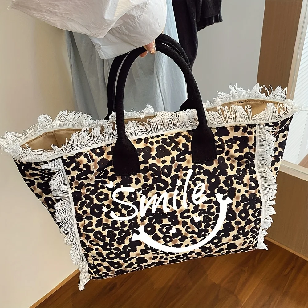 

Модная женская сумка с леопардовым принтом, большая вместительная холщовая сумка, сумка с английским принтом и надписью "Smiling", сумка-тоут на одно плечо