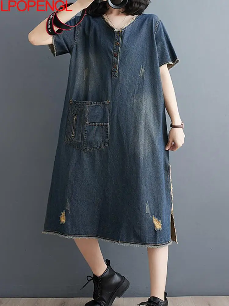

Fashion Woman 2024 New Summer Casual Loose Short-sleeved Pullover V-neck Streetwear A-line Pockets A-line Vintage Denim Dress