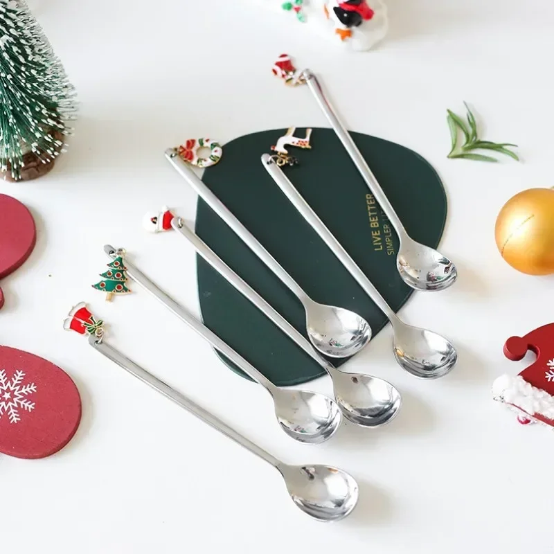 Creative Christmas Spoon with Elk Christmas Tree Pendant Stainless Steel Coffee Tea Spoon Dessert Scoop Xmas Decoration Gifts