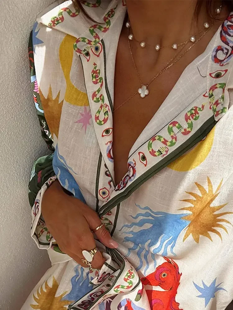 2024 Spring/Summer Cartoon Print Two-piece Women's Fashion Loose Lapel Long-sleeved Shirt Set Soft and Elegant Home Wear