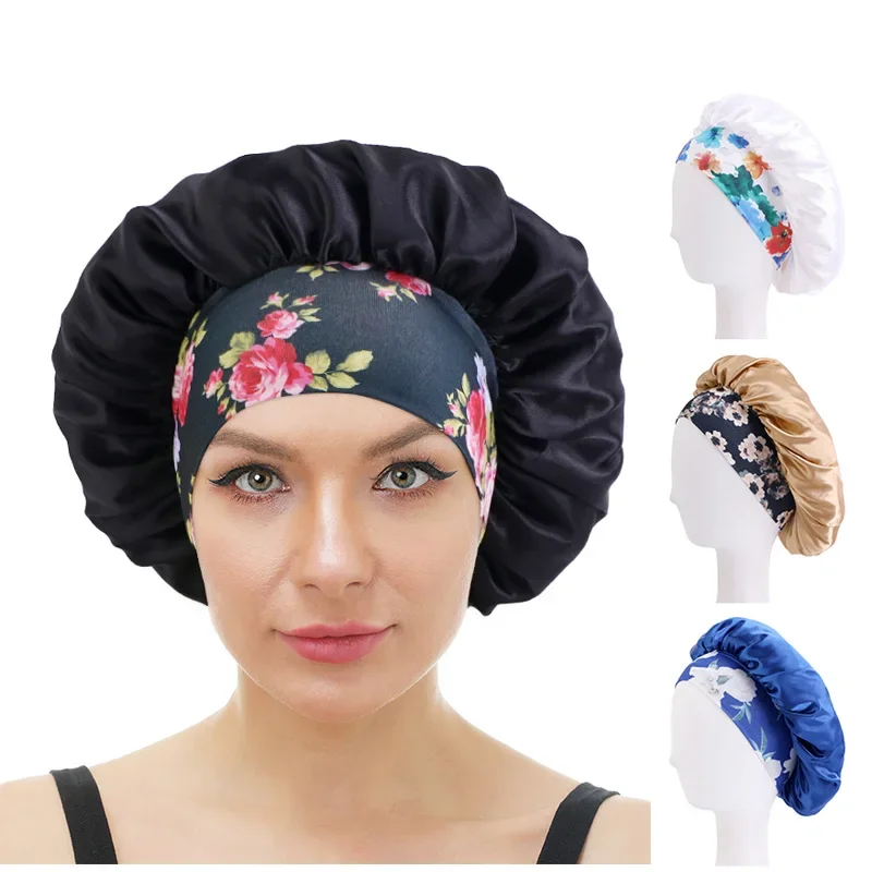 Women Satin Bonnet Cap Silky Big Bonnet for Women Floral Printing Sleep Cap Design