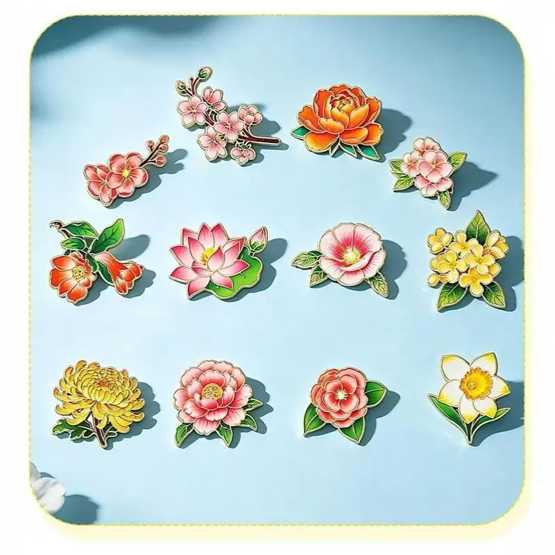 12 Birthday Flower Pins Cartoon Enamel Lotus Rose-flower Daffodil Plants Brooch For Clothes Backpack Lapel Badge Metal Pin Gift
