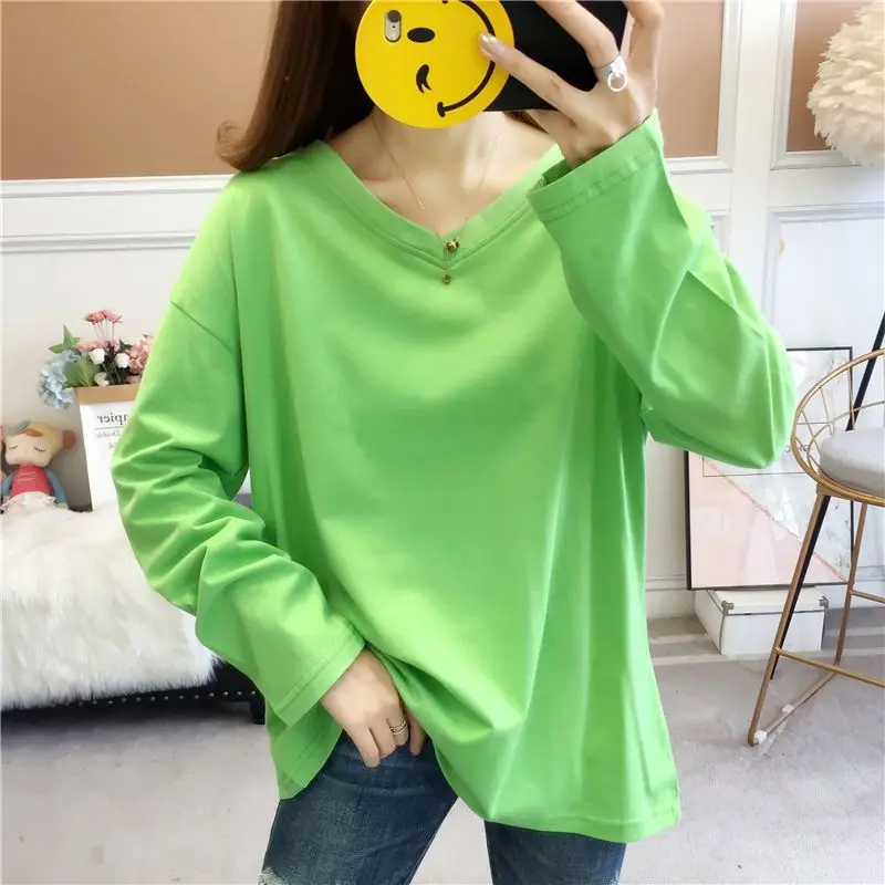 Fashion V-Neck Solid Color Loose T-Shirt Female Clothing 2023 Autumn New Oversized All-match Pullovers Tops Casual Tee Shirt