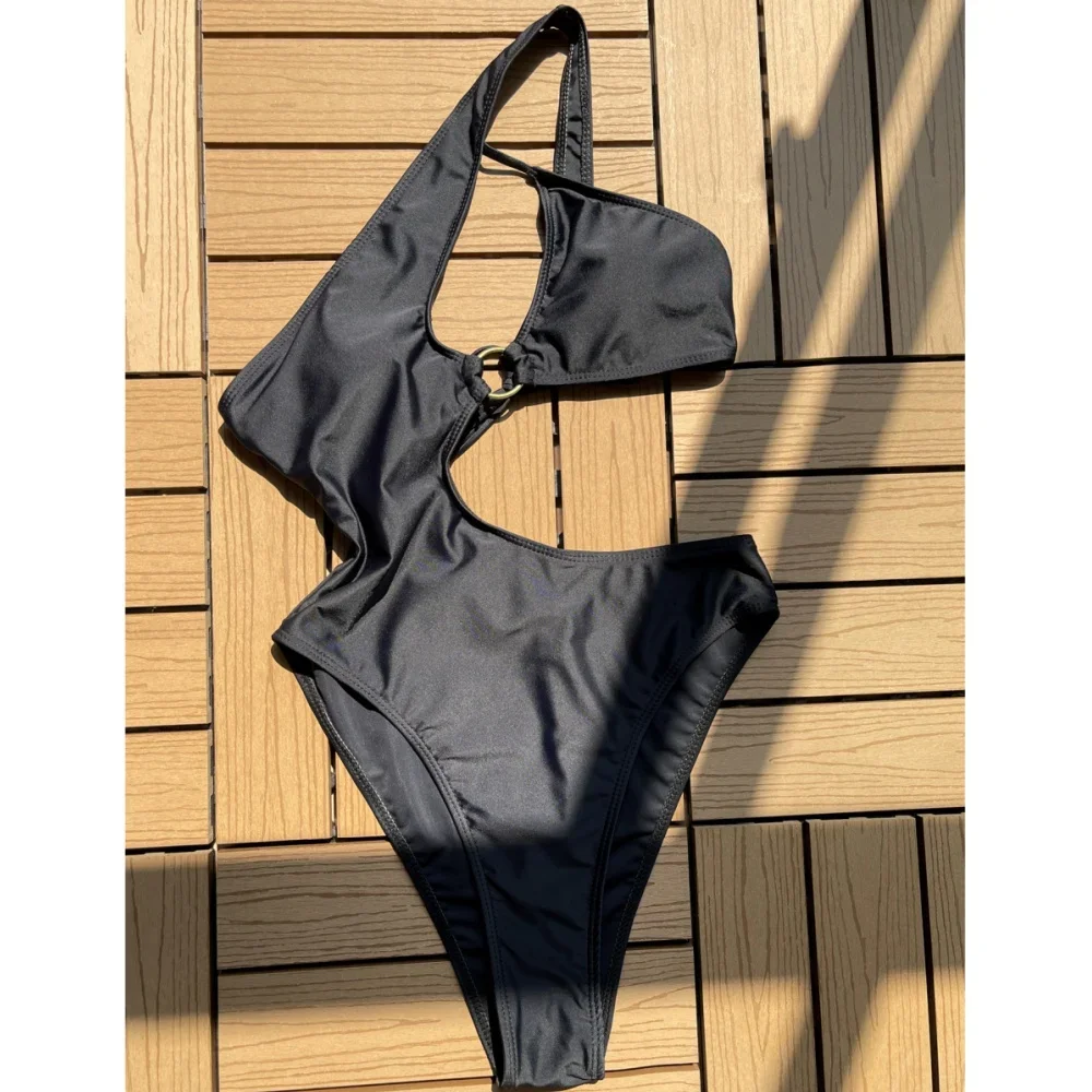 Sexy Black Swimsuit One-shoulder Bikini Irregular Cut Out Swimwear Lace Up Women One-piece Beach Bathing Suit Bikinis Set Outfit