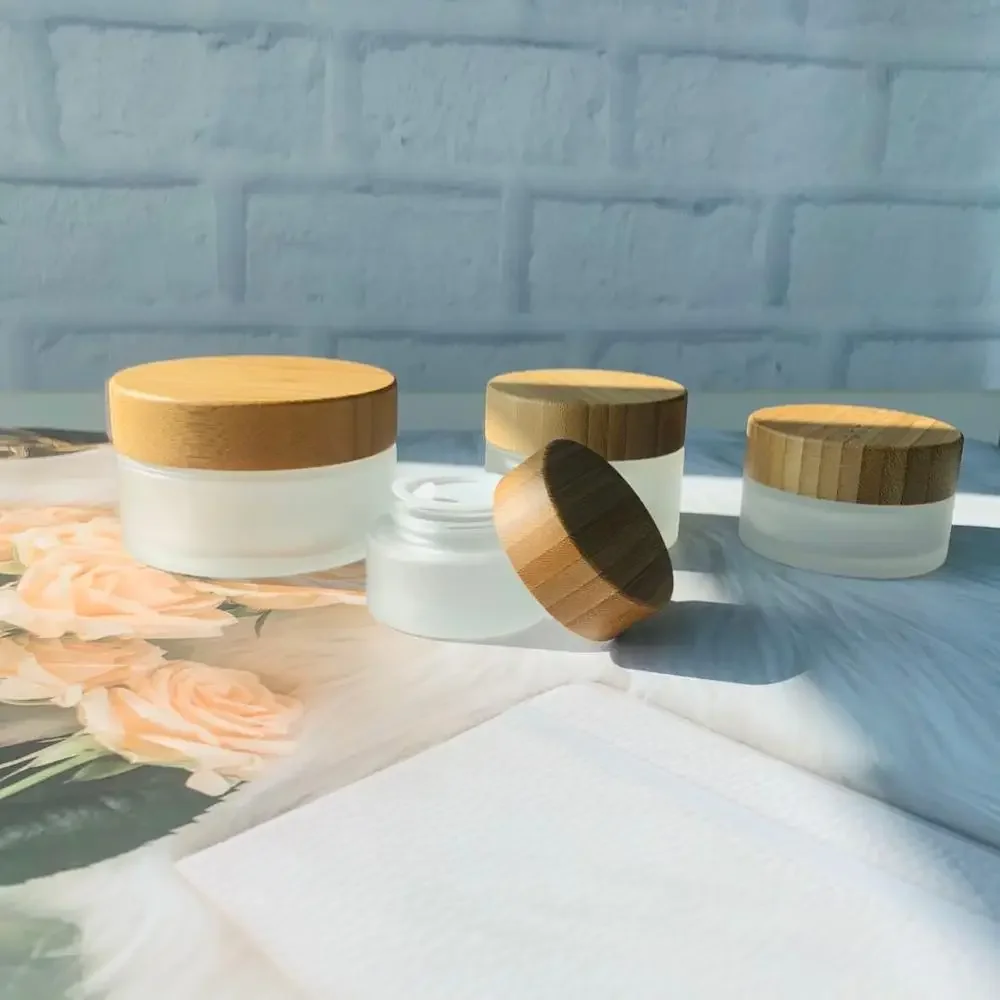 

Customized logo Natural Bamboo Cosmetic Packaging Essence cream Container,Glass Jar Frosted Glass Jar With Bamboo Wooden Lid