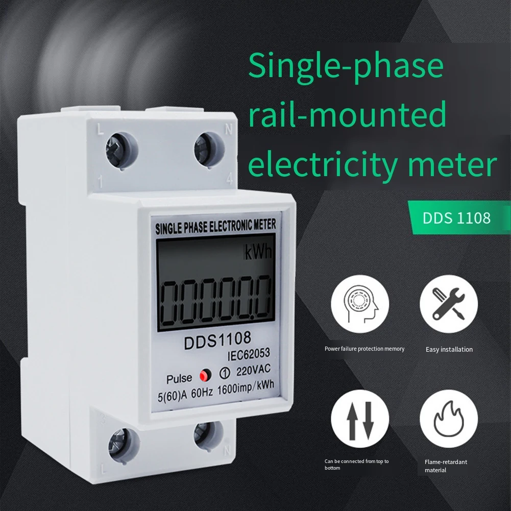 DDS1108 LCD Digital Single Phase Energy Meter AC220V 60A D/in Rail Electric Wattmeter For Industrial Commercial Usage