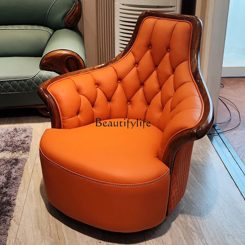 

02 ls 18Ebony leather leisure swivel chair New Chinese first-layer cowhide solid wood recliner