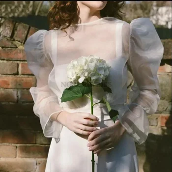 Bolerko ślubne z organzy, pełne rękawy, dekolt w kształcie litery 