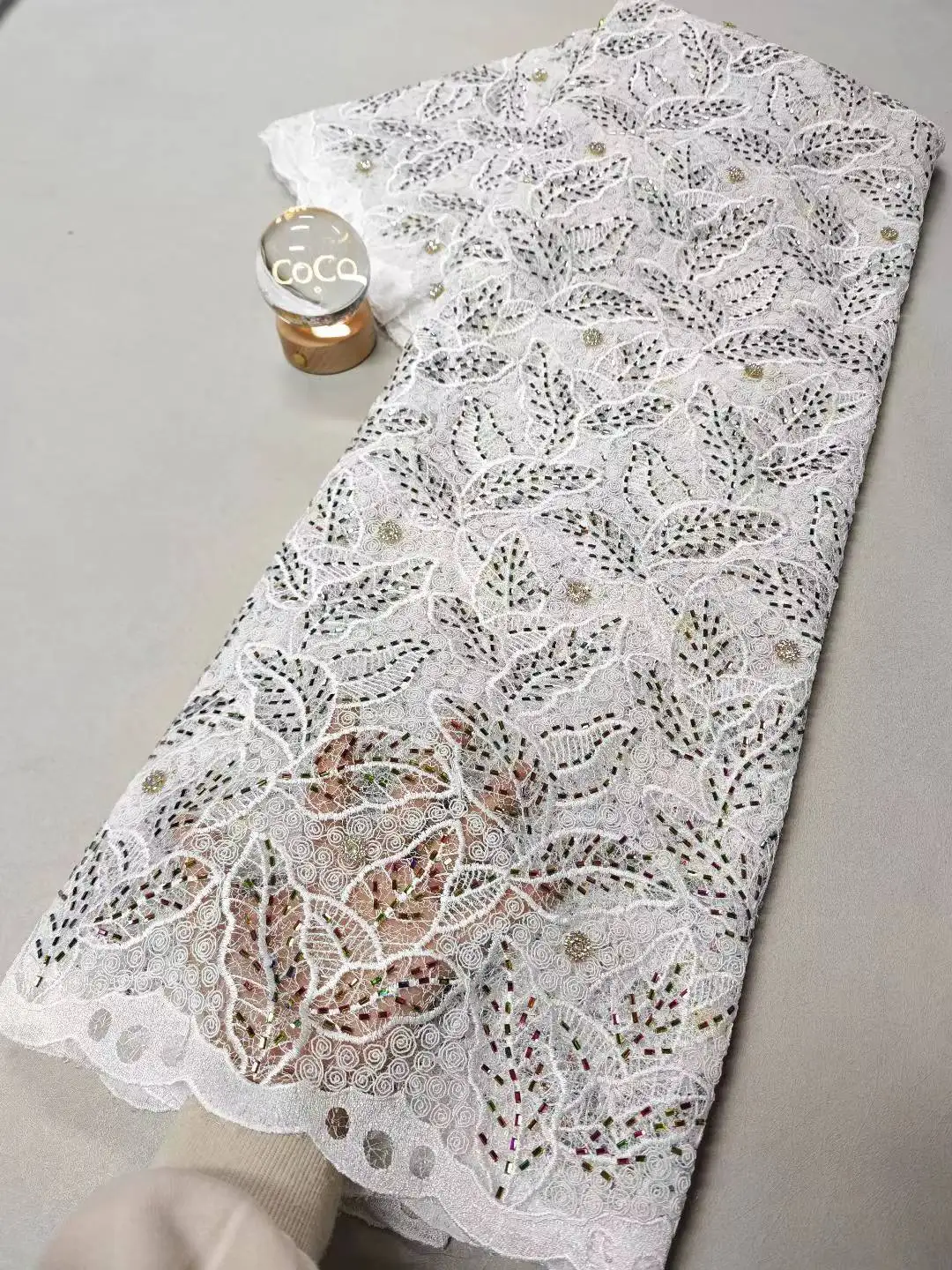 

African Rhineston Embroidery Lace Fabric,Cotton Fabrics By The Meter,Latest,Water Soluble,Wedding Dress,Tulle,High Quality,5Yard