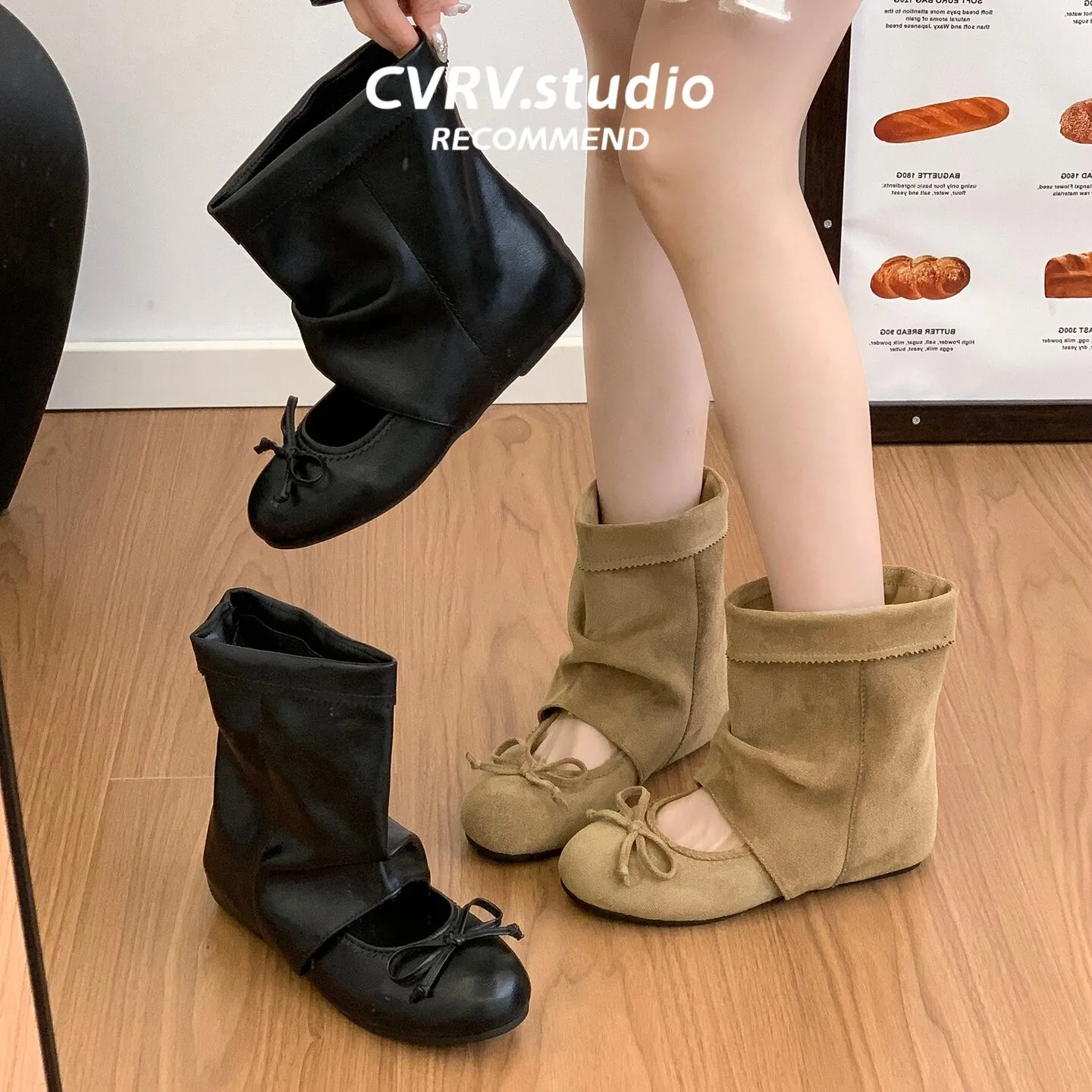 Damen Stiefeletten Versteckter Keilabsatz Wildleder Slouch Ankle Boots Schleife Cut Out Vintage Ballett Schuhe Runder Zeh Schlupfstiefel Retro Kurze Stiefel Weich Bequem Modisch Herbst – Detail 6