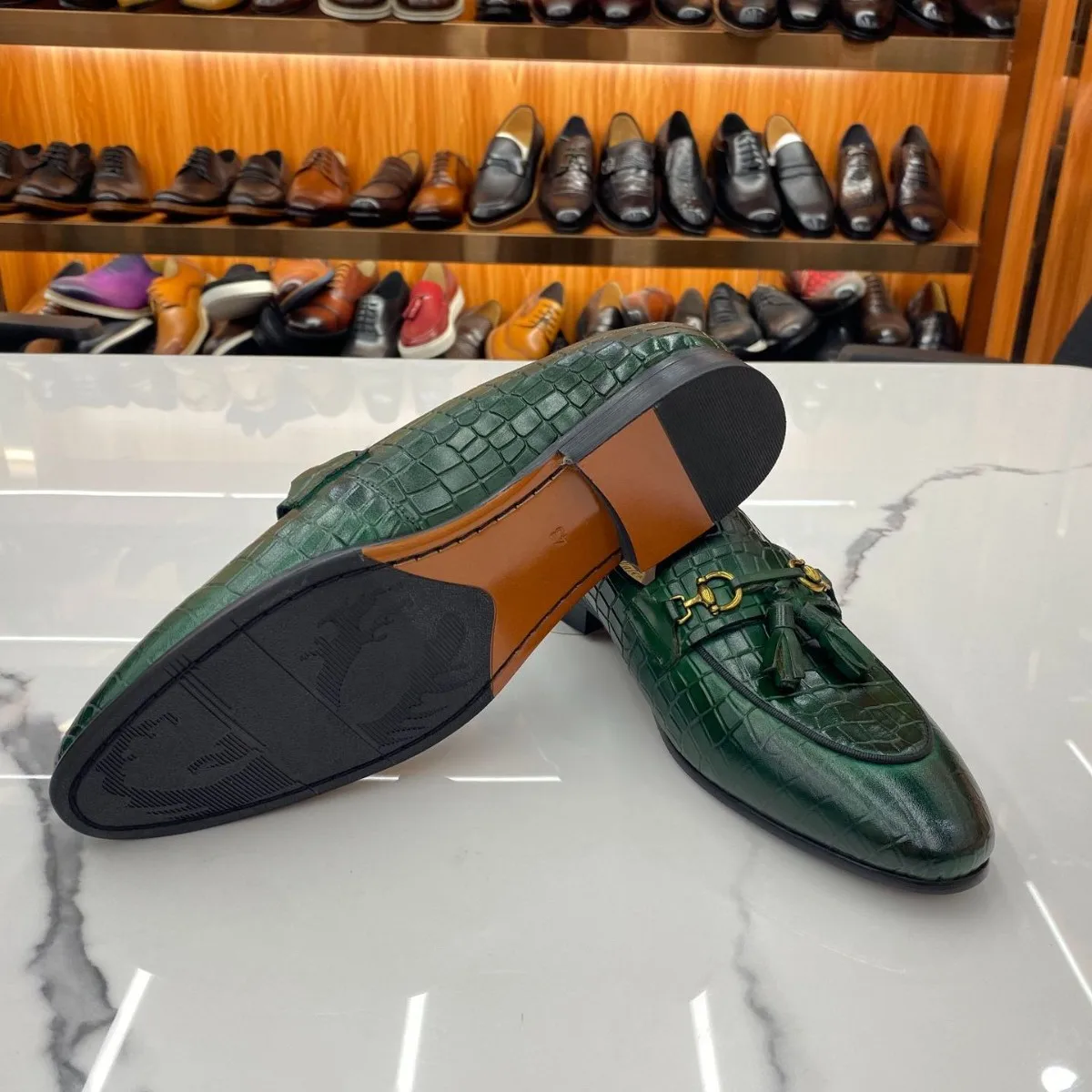 Men's Faux Leather Horsebit Loafers Glossy Croc Embossed Camo Pattern Tassel Detail Slip On Dress Shoes for Events Street Style view 6