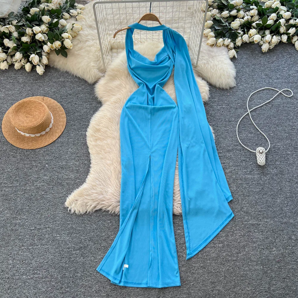 Chic vintage Sexy col oscillant licou fée vacances longue robe femmes Boho robe d'été robes de cérémonie