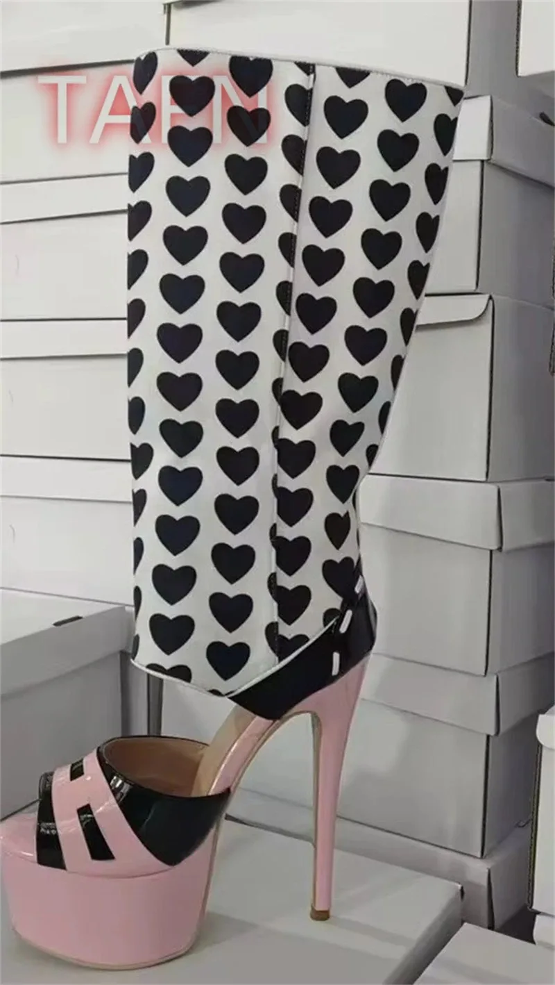 Sexy Heart Pattern Knee-high Sandals Boots Sexy Peep Toe High Heels Summer Boots Fashion Patchwork Stiletto Women Dress Shoes