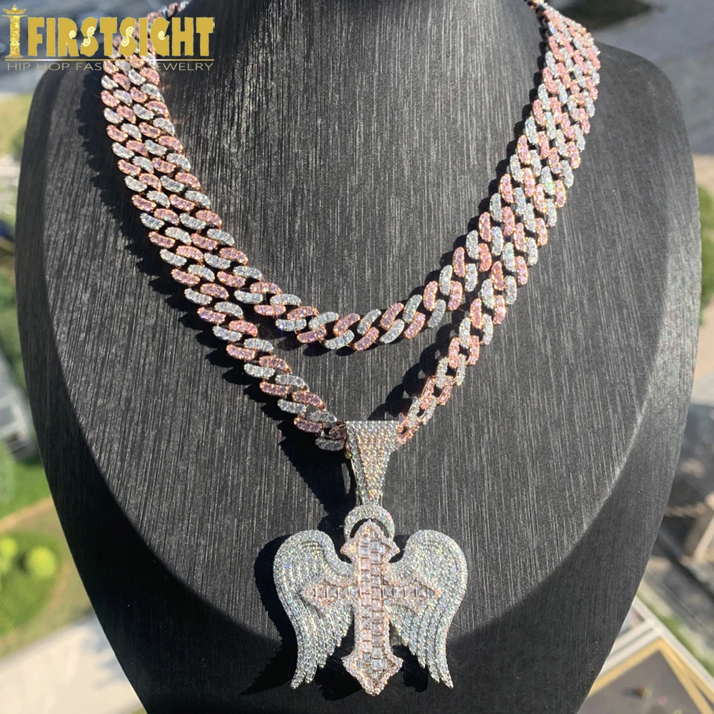 

New Angel wing Cross Cuban Chain Necklace 9MM Iced Out Bling Two Tone Color Cubic Zirconia Charm for Men Women Hip Hop Jewelry