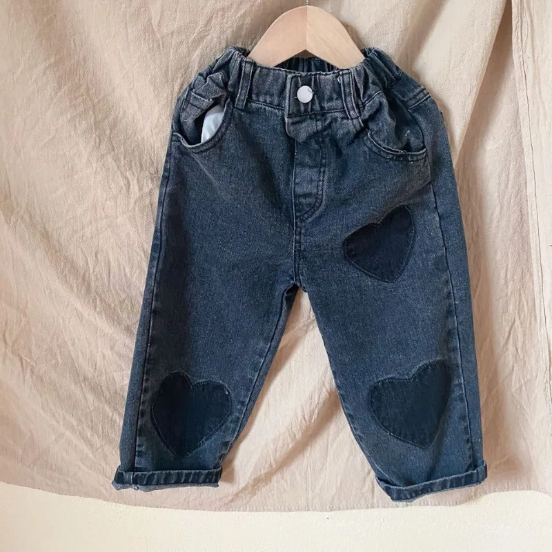 2024 Autumn Kids heart straight jeans Boys soft loose trousers Girls all-match casual denim pants