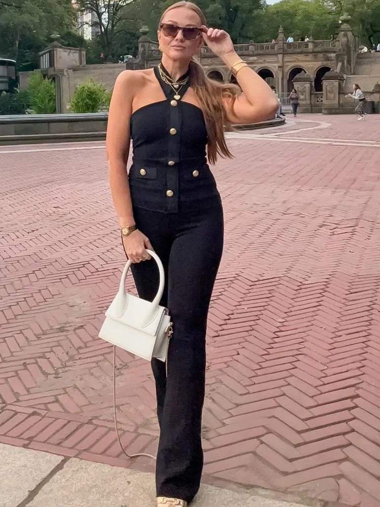 

HH женский элегантный комплект из 2 предметов с эластичным вырезом и пуговицами, сексуальный топ без рукавов с открытой спиной + шикарные брюки с эластичной резинкой на талии