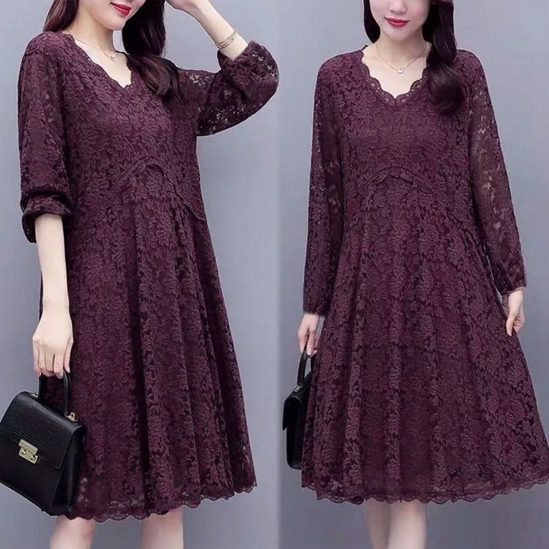 Elegant V-Neck Spliced Lace Ladies Dresses Women\'s Clothing Autumn Winter Loose Solid Color Office Lady Midi Dress