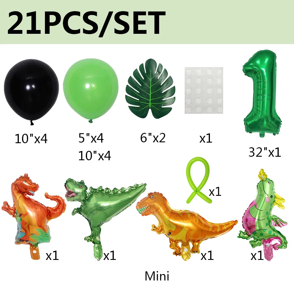 21pcs Dinosaur Balloons Green Digital Birthday Theme Balloon Baby Shower Jungle Dinosaur Party Decoration