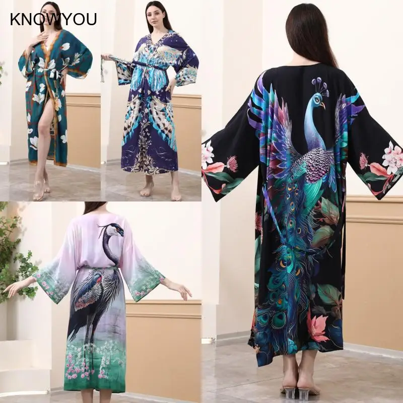 2025 New Kimono Women Summer Beach Wear Print Covers Up Holiday Robes Vintage Bikini Cover-Ups Long Dress Swim Suit Cover Up
