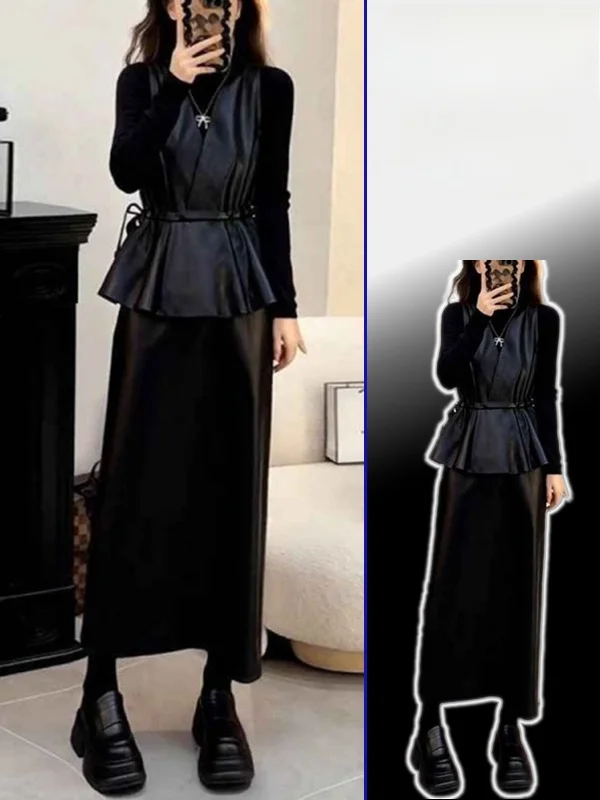 

Комплект модной одежды больших размеров: юбка с высокой талией, топ-майка, базовая футболка, комплект из трех предметов, женская футболка с V-образным вырезом во французском стиле, облегающая