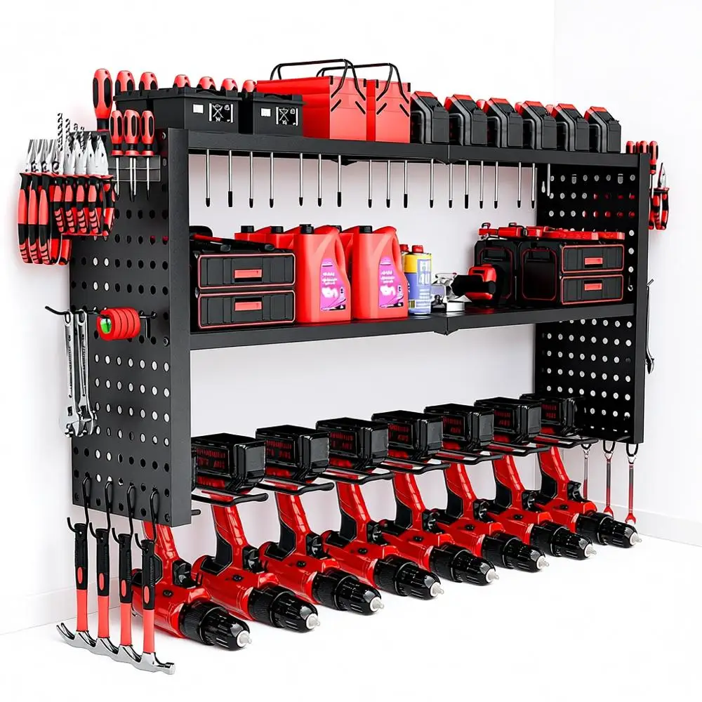 

Трехслойный усиленный органайзер для гаража, грузоподъемность 260 фунтов, 8 держателей для дрелей, держатель для аккумуляторных инструментов для хранения в гараже и на верстаке