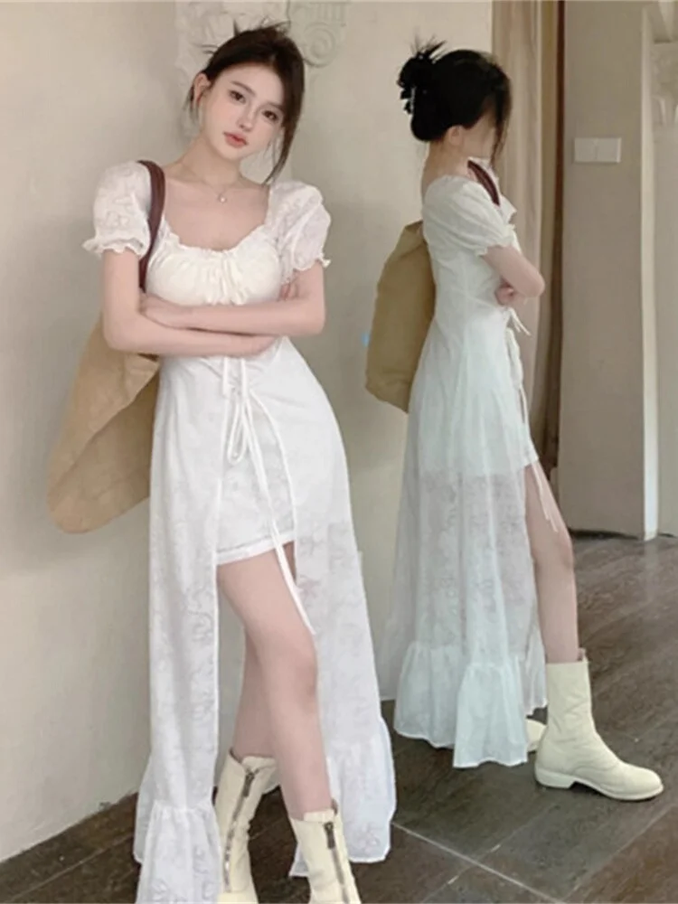 Princess Sle Square Collar Strap White Dress Women Summer Puff sleeve Frill Long dress Short sleeve High-Grade Sense Skirts