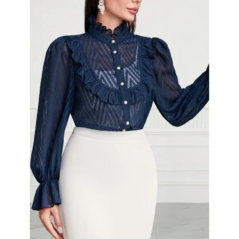 Damska bluzka z długim rękawem, nowa modna koszula z puszystymi rękawami, falbanką i zapinana na guziki.