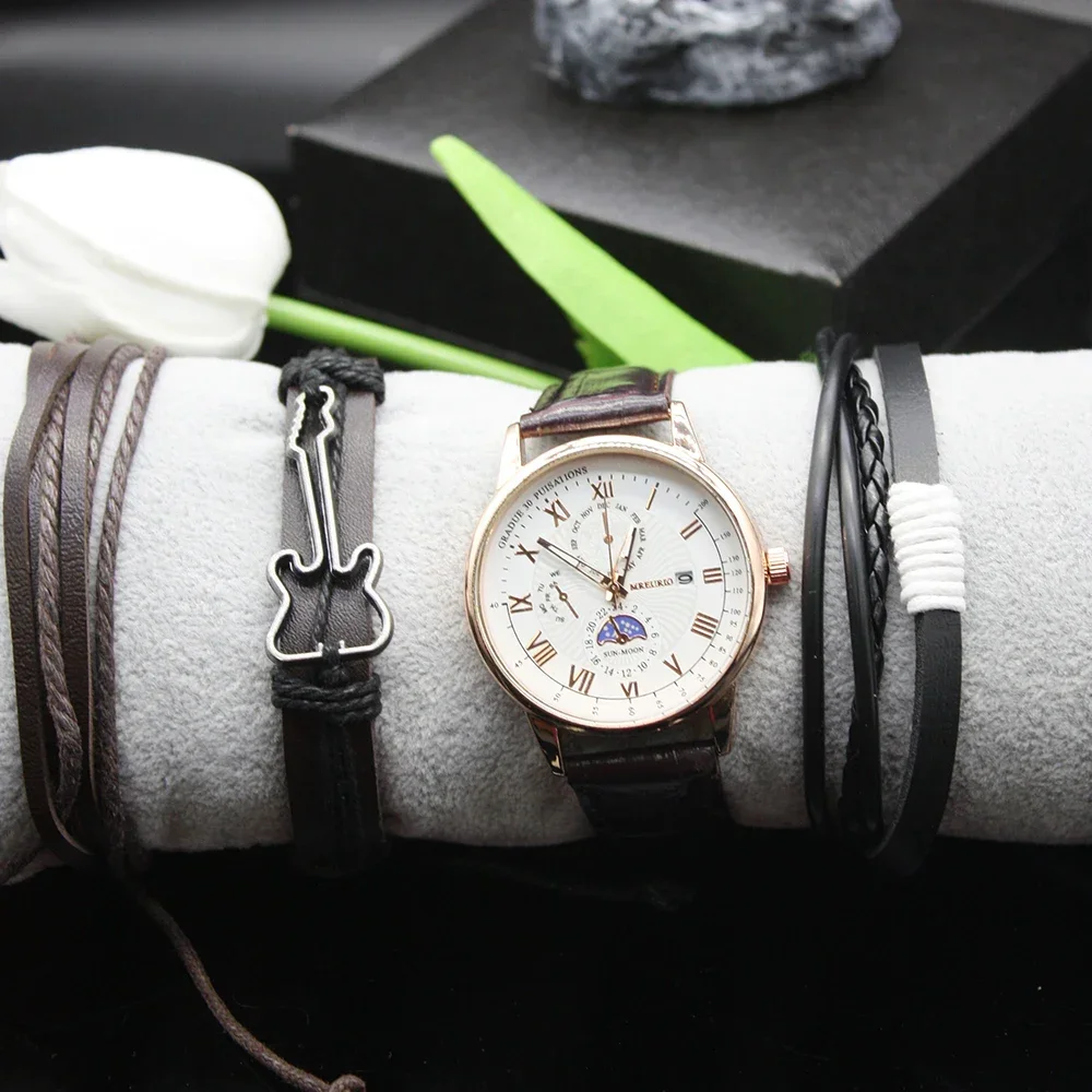 5pcs Set Automatic Watch for Men Fashion Exquisite Leather Retro Strap Include Bracelets Fancy Box for Holiday Gift