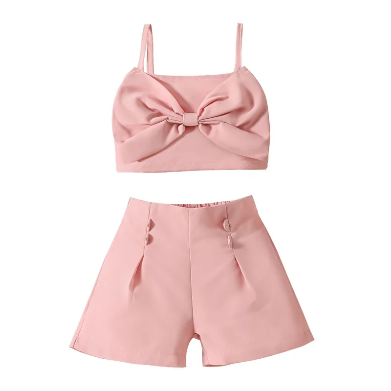 Little Girl Summer Clothes Solid Color Sleeveless Front Bow Cami Tops with Shorts 2 Pcs Outfit