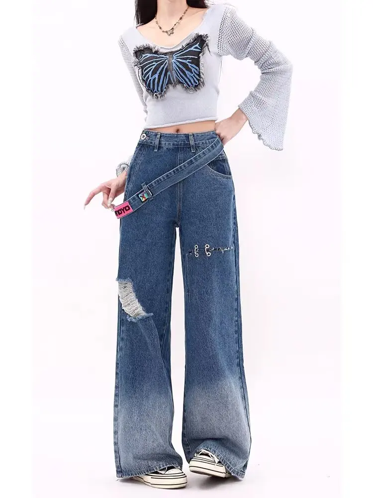 Pantalones vaqueros para mujer, Vaqueros americanos Y2k, Vaqueros de talle alto para mujer, Coqueta Shoujo, estilo de niña, ropa holgada acampanada