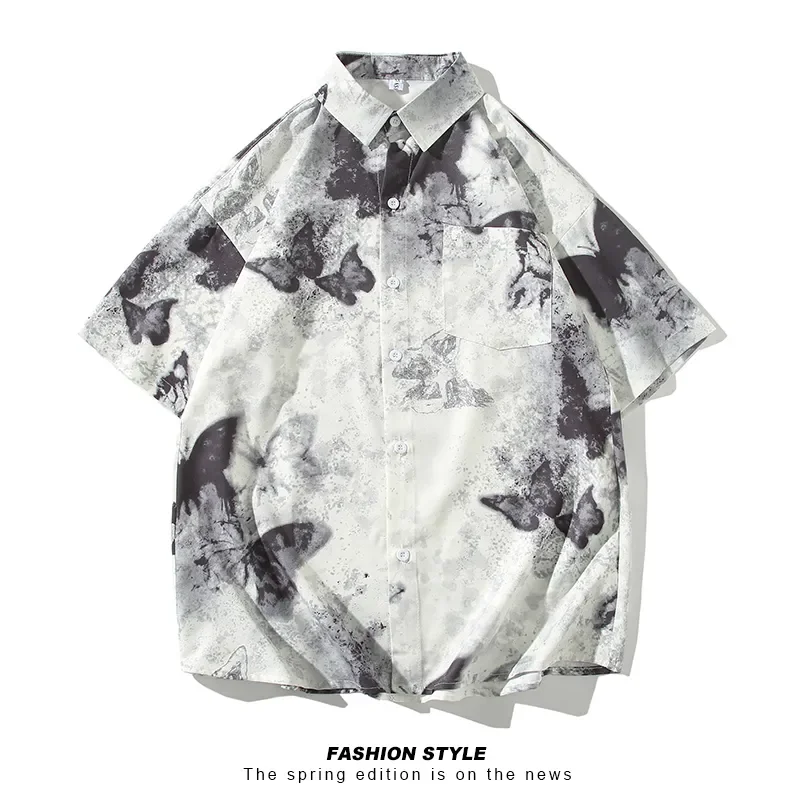 

Летний новый стильный пляжный универсальный костюм с половиной рукавов, мужская рубашка с короткими рукавами и цветочным принтом, окрашенная в галстук