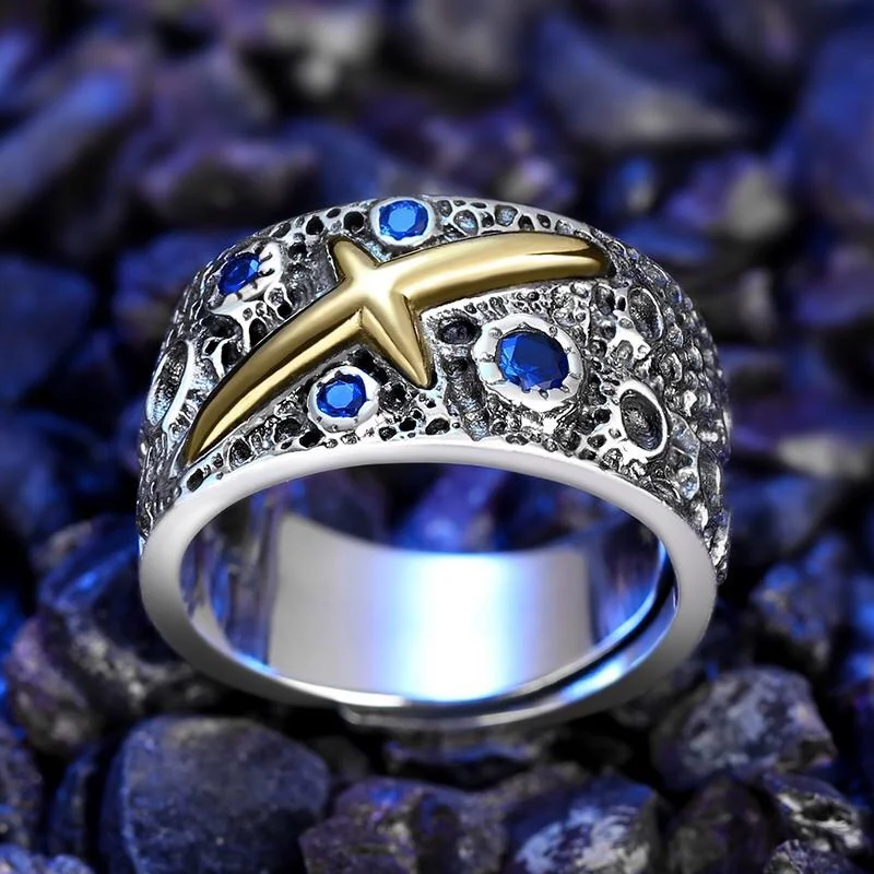 Vintage Meteorite Crater Meteor Ring For Men Jewelry Personality Gold Collision Blue Stone Starlit Sky Male Index Finger Ring