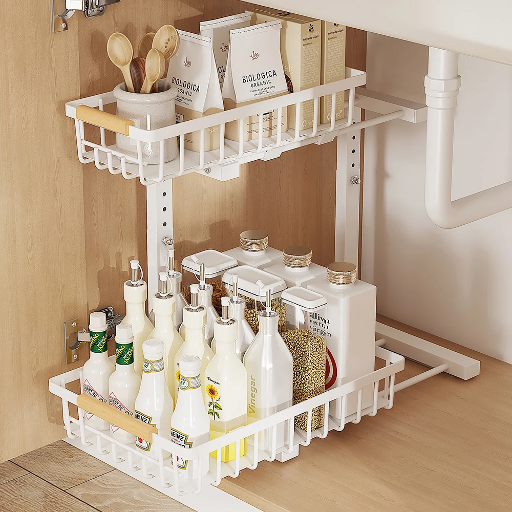 1 Set Under Sink Organizer, 2 Tier Sliding Cabinet Basket Storage Drawer