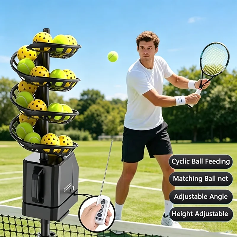 Portable Tennis Pickleball Automatic Ball Launcher Adjustable Angle Height Remote Control Tennis Serving Machine For Training