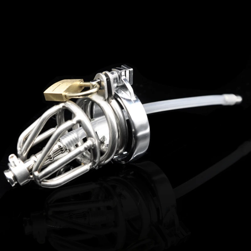 New Stainless Steel Cock Cage Penis Ring Lock With Urethral Sounds Catheter And Spike Ring Chastity Cage Sex Toys For Men Adult