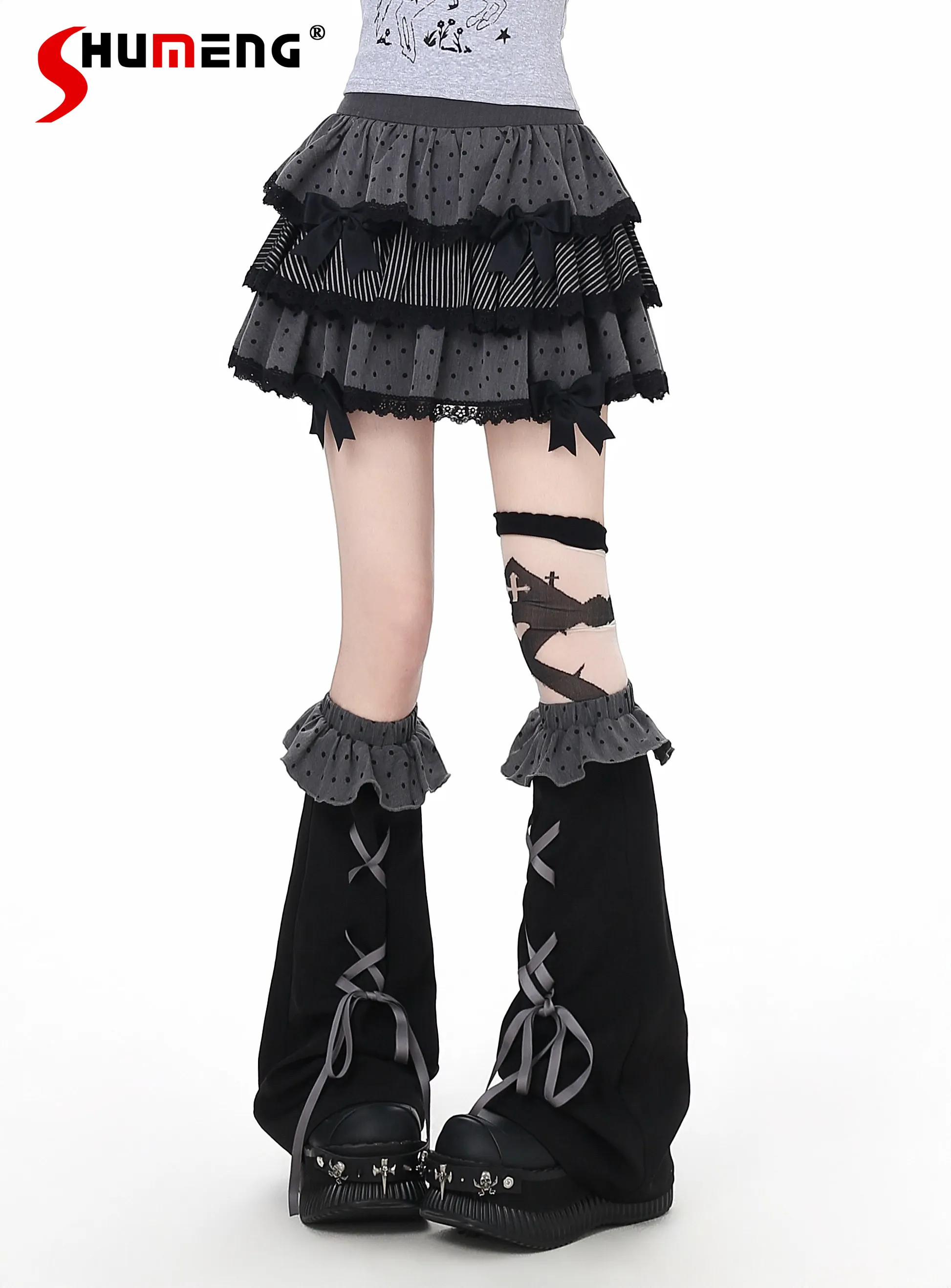 

Original Sweet Cool Girls Bow Lace Splicing Cake Skirt 2026 Summer Subculture Punk Women's High Mini Waist Skirt Leg Warmer Set